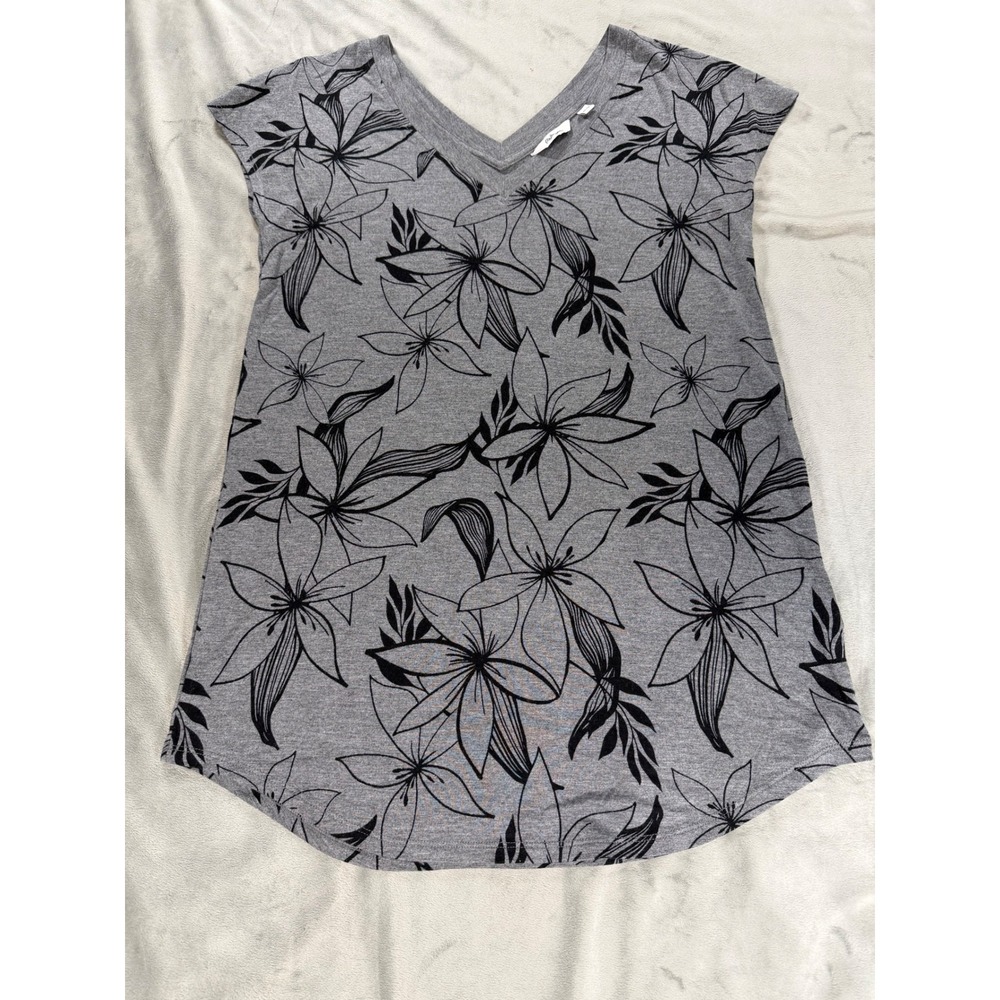 Reitmans Womens Tropical Floral Gray VNeck Vacation Cap Sleeve Top Size XS